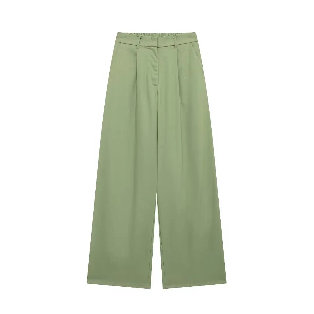 HH TRAF 2024 Pantalones de pierna ancha lisos con bolsillos laterales y cremallera para mujer, pantalones largos holgados y ajustados de cintura alta a la moda para mujer