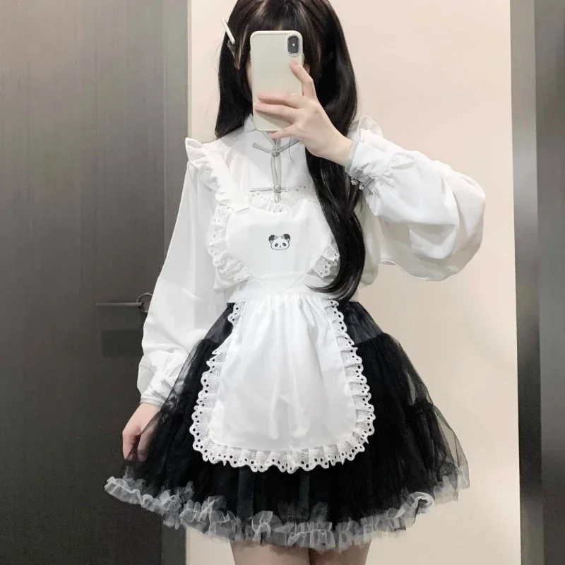 Kawaii Lolita Dress Sets Women Mandarin Collar Panda Embroidery Love Apron Maid Cosplay Party Dresses Harajuku Gothic Mini Dress