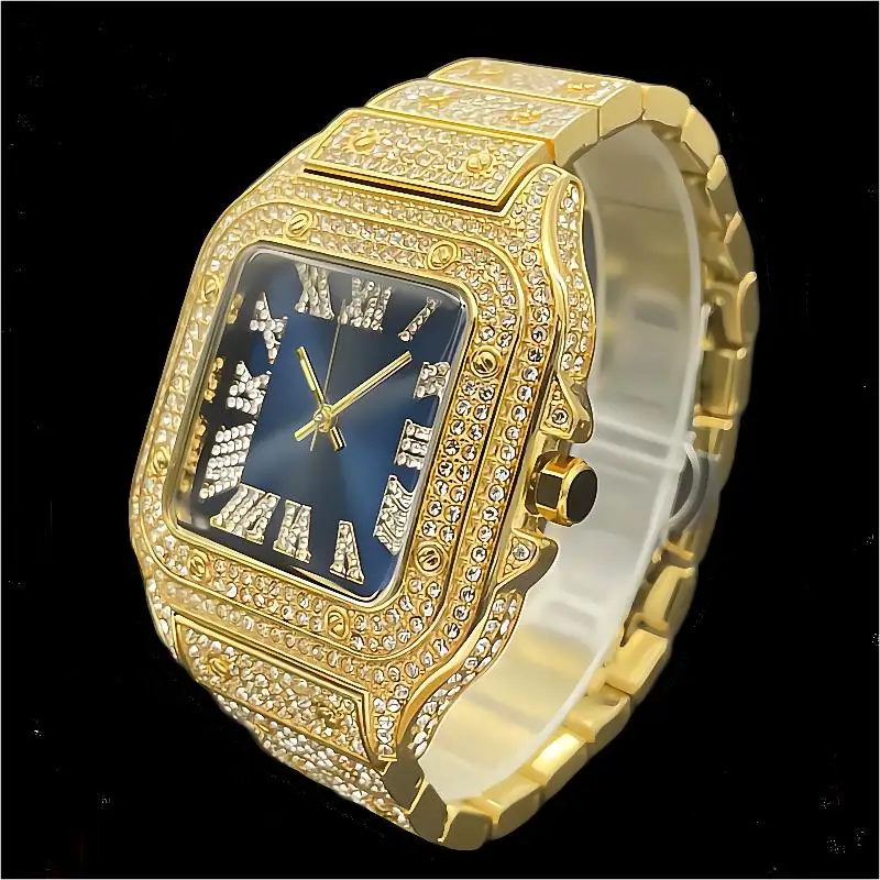 Hip Hop Brand MISSFOX Fashion Watch For Men Luxury 18K Gold Blue Square WristWatch Waterproof AAA Diamond Jewelry Male Clock Hot