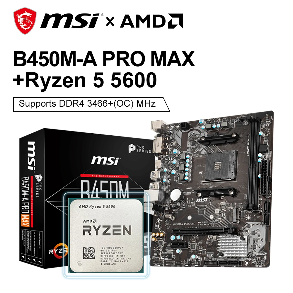 Msi B450M A Pro Max Scheda Madre + Amd Ryzen 5 5600 Kit Cpu Micro Atx Ddr4 M.2 Usb3.2 Stat 3.0 Ssd 64G Socket Am4 Placa Mae