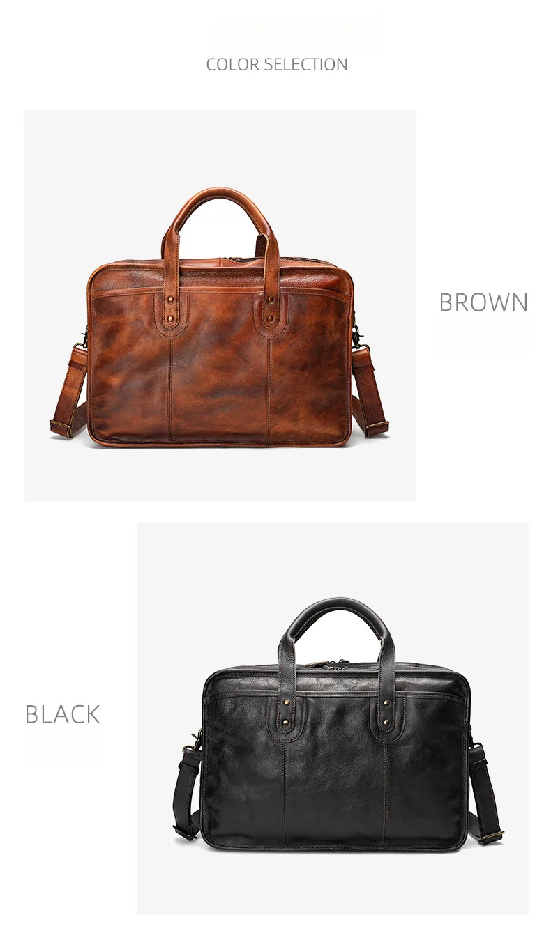 Men's Handmade Genuine Leather Handheld Bag, Plant Tanned Leather Computer Bag, Crossbody Large Capacity Functional Multi business Briefcase_voghion.com
