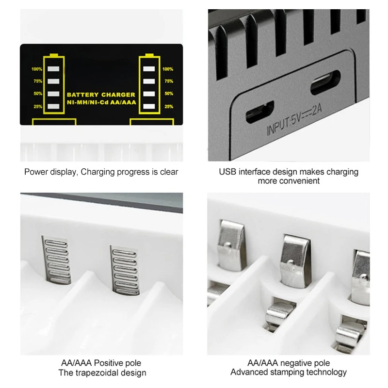 AA/AAA 배터리용 4 슬롯 충전기, 휴대용 및 편리한 배터리 액세서리, DC 5V 2A 입력, 2.4V 600mA 출력 지원