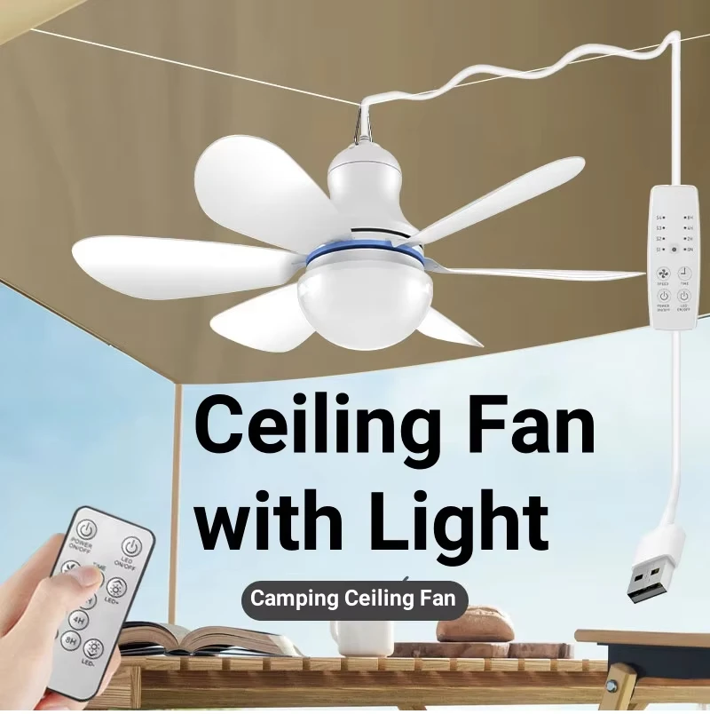 USB Ceiling Fan Lighting 6 Leaves USB Powered Ceiling Canopy Fan Hanging with Remote Control Camping Portable