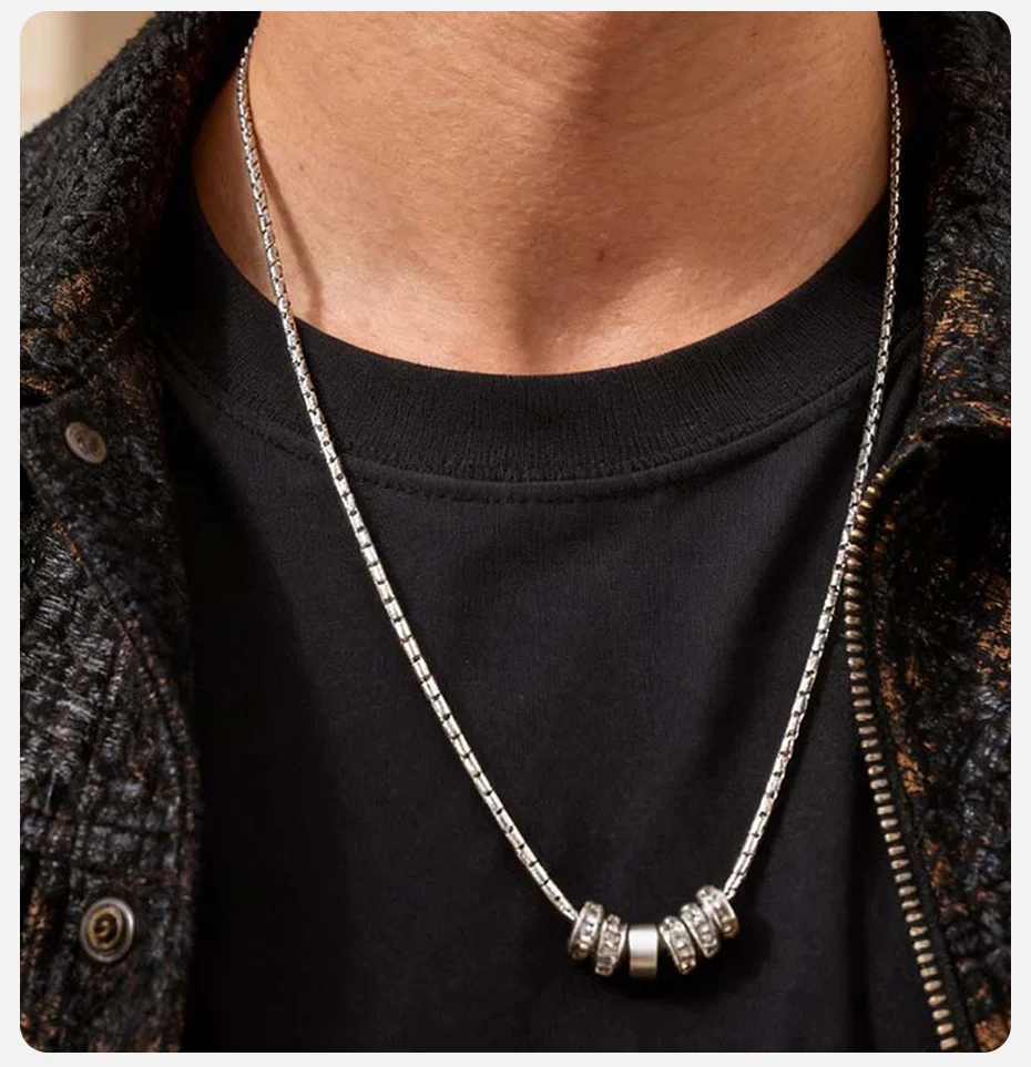 Vnox Edelstahl-Halskette mit kreisförmigem Zirkon-Anhänger für Herren, silberfarbene, verstellbare Kette, Hip-Hop-Halsketten, Modeschmuck, neu – Detail 3
