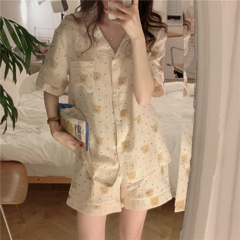 

Women Shorts Pyjamas Pure Cotton Gauze Summer Pajama Set Short Sleeve Tops Cartoon Bear Polka Dot Sleepwear Ladies Homewear D146