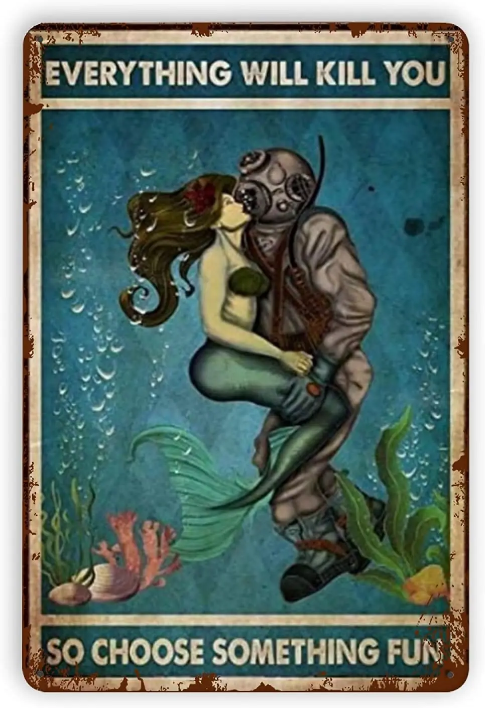 

Decor 8x12 Inches Vintage Metal Tin Signs Diver and Mermaid Tin Sign Wall Plaque Wall Art Funny Gifts for Man Cave Cafes Bar Pub