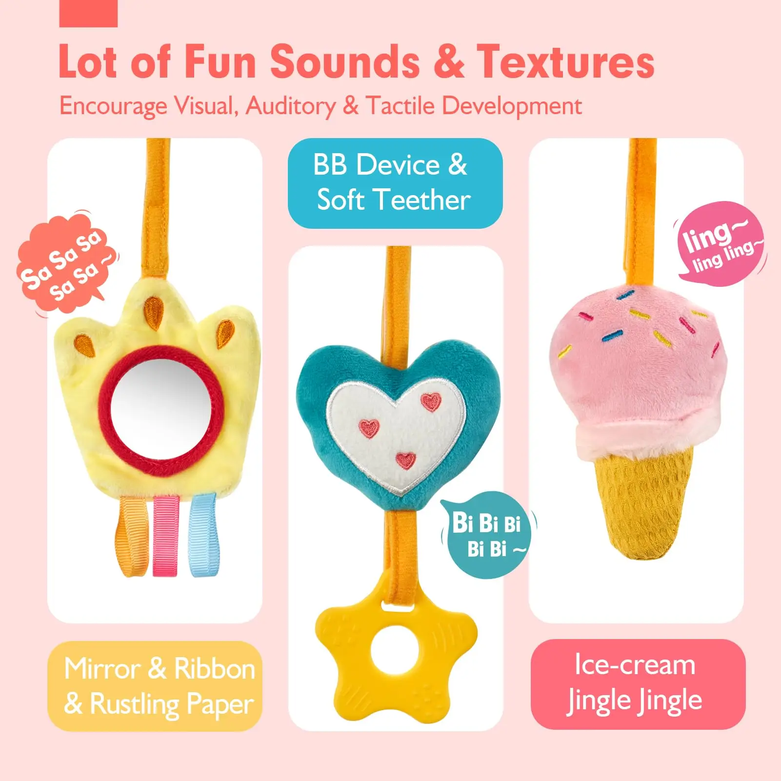 Car Seat Toys for Babies Rattle Mirror Crinkle Squeaky Carseat Stroller Toys 0-6 Months Developmental Newborn Baby Girl Gifts 3
