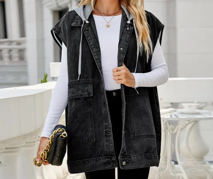 

Women's Denim Jacket Autumn Casual Colorblock Cap Sleeve Drawstring Hooded Jeans Coat Fashion Cardigan Top Outerwears Streetwear