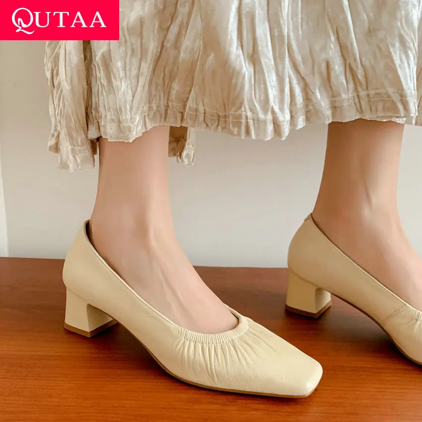 

QUTAA 2024 Women Pumps Spring Summer Thick Med Heels Square Toe Genuine Leather Office Lady Basic Shoes Woman Size 34-39
