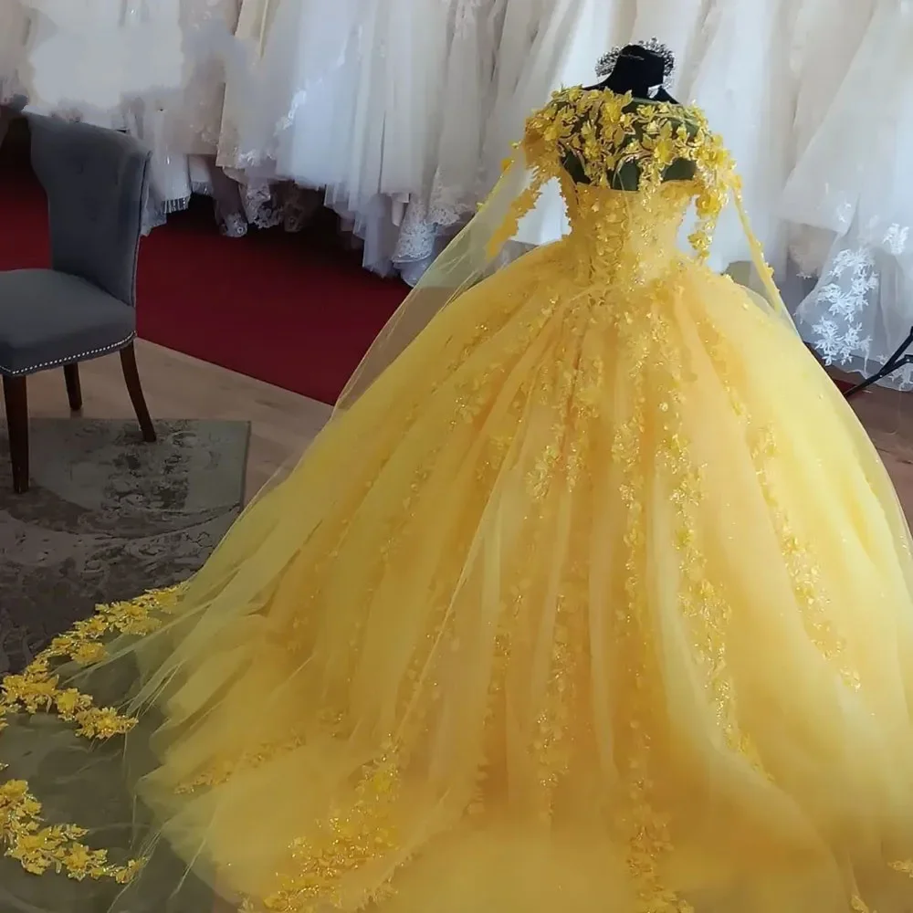 ANGELSBRIDEP Yellow Quinceanera Dresses Appliques With Cloak Lace