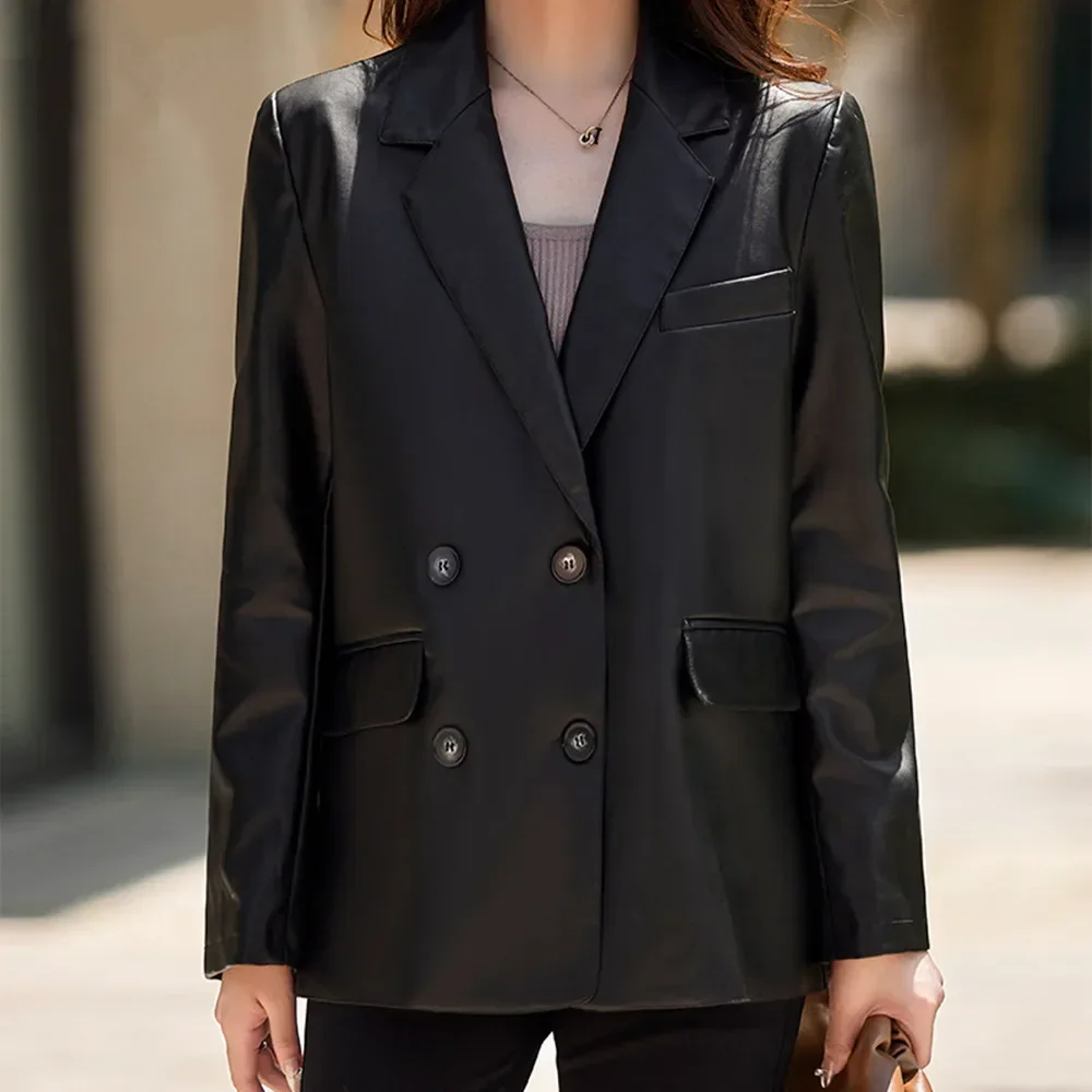 Women's Solid Faux Leather Blazers Long Sleeve Double Breasted Loose Casual Coats Femme Pockets Suit Jacket Oversized Streetwear