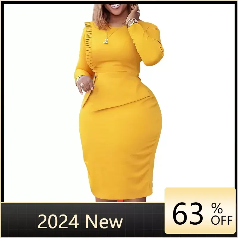 

Autumn Fashion Office Ladies Pencil Dress Women Casual Solid Long Sleeve Stitching Slim Dress African Women
