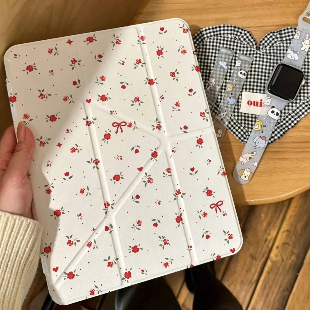 Vintage Red Rose Floral Tablet Case with Pen Slot - Protective Cover