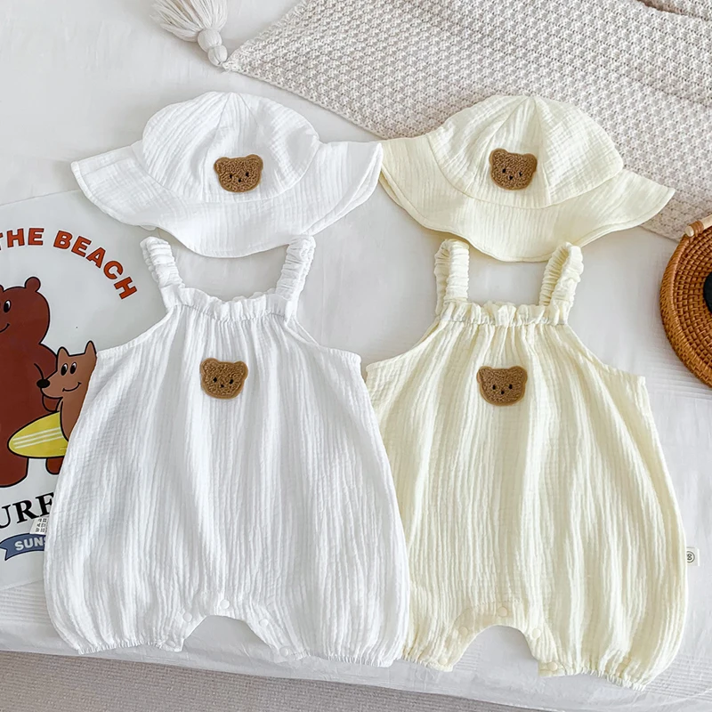 2PcsSummerBabyClothesHatSetCartoonBearInfantSlingRomper