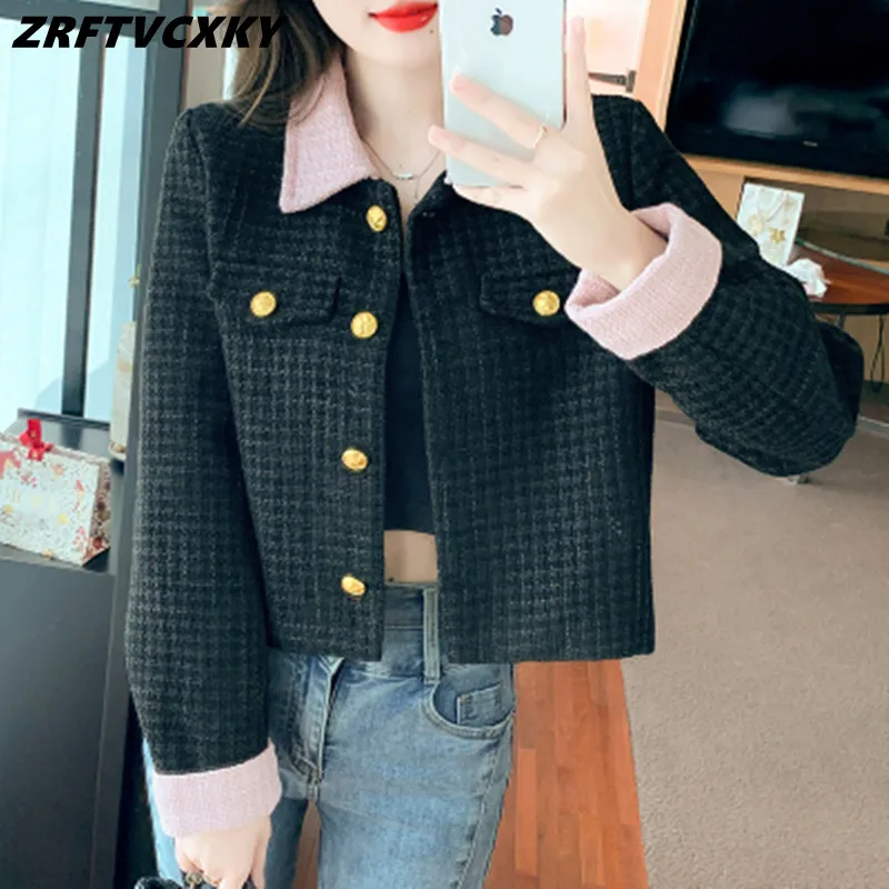 

Autumn Winter Women Black Tweed Short Coat New Lady Turn-Down Collar Patchwork Jacket Single Breasted Casual Female Outerwear