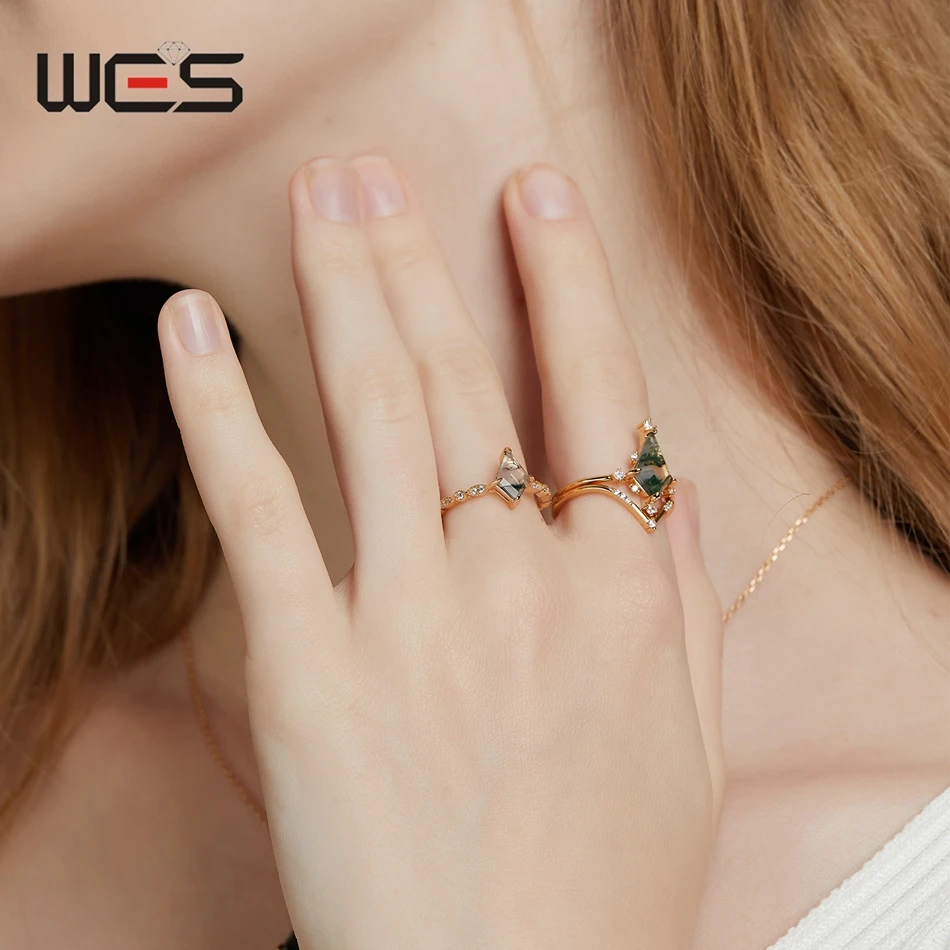 WES 100% 925 Sterling Silver Natural 6*9mm Moss Agate Rings For Woman Party Christmas Gift Anniversary Certified Fine Jewelry