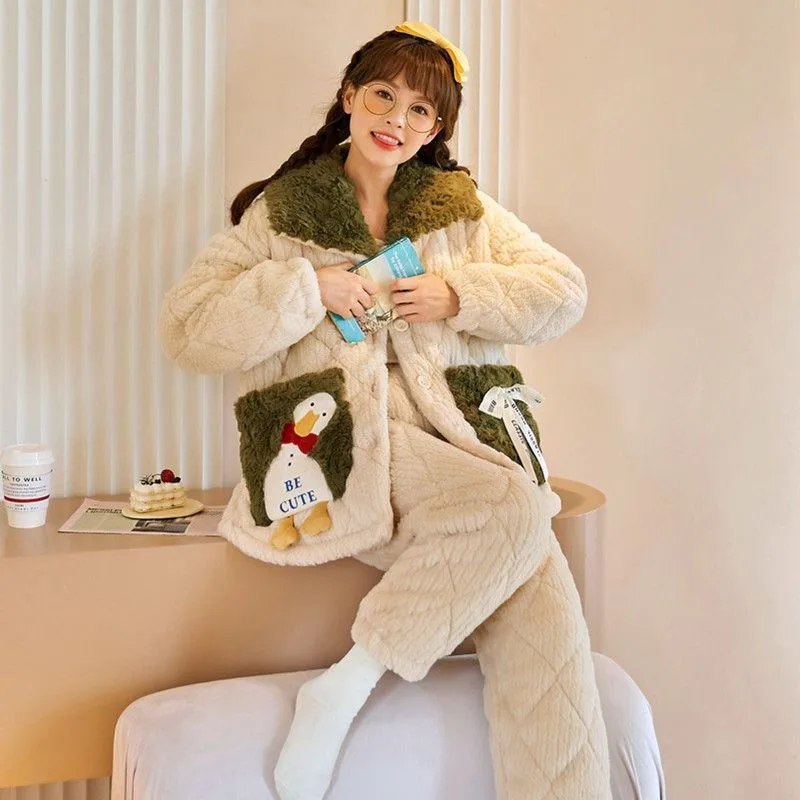 Coral Velvet Pajamas Women Winter Three Layers Sleepwear Cotton Thick Plush Loungewear Cute Girls Flannel Home Outside Clothes