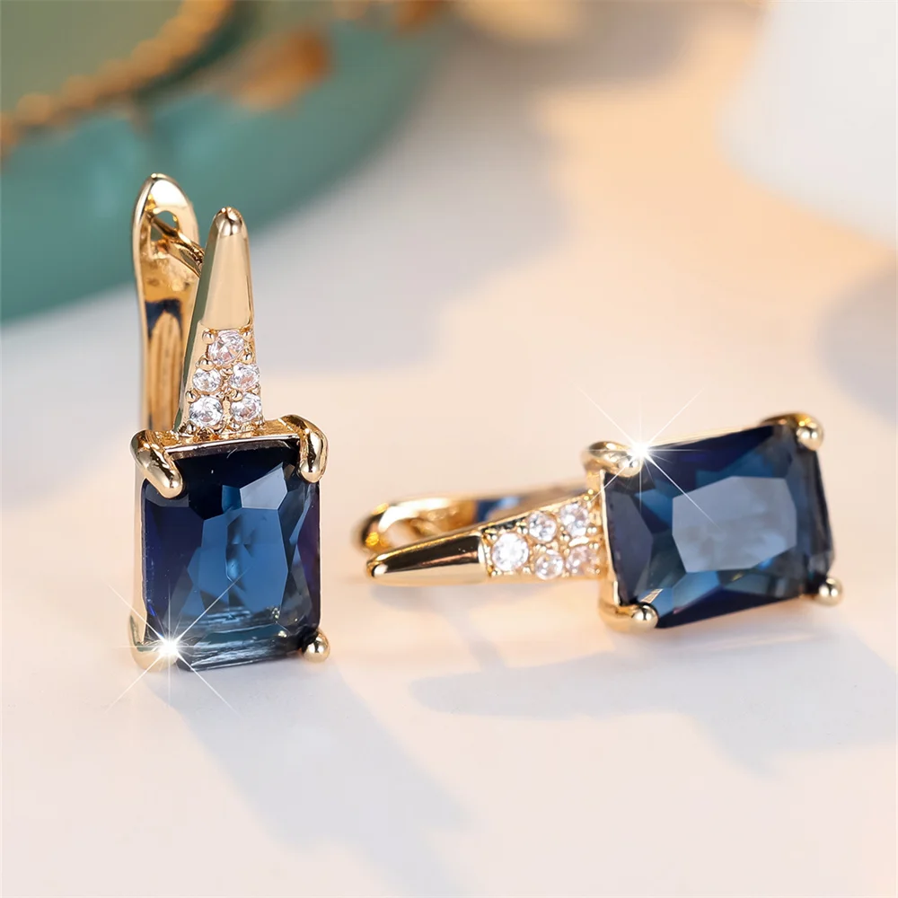 Charm Blue Crystal Geometric Square Stone Hoop Earrings For Women Vintage Gold Color Ear Buckle Wedding Jewelry Engagement Gifts