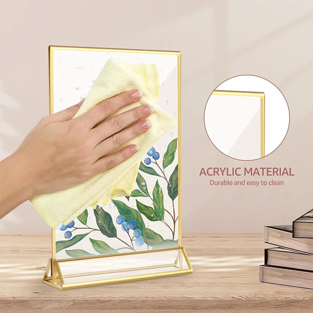 Transparent Acrylic Signage Display Stand Multipurpose Double-sided Gold Frame Wedding Number Plate Table Flyer Menu Card Rack 2