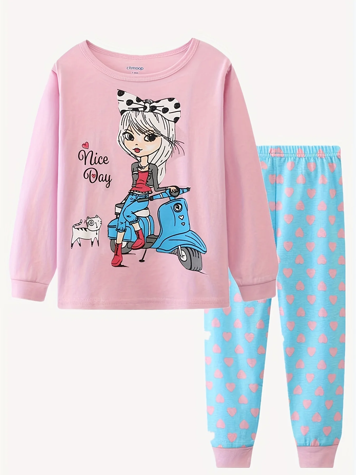 thumbnail image 1 of Kid's 2pcs Pajamas, Long Sleeve Top & Elastic Waist Pants , Cartoon Girl LOVE Print Loungewear, Comfy Casual PJ Set, Girl's, 1 of 5