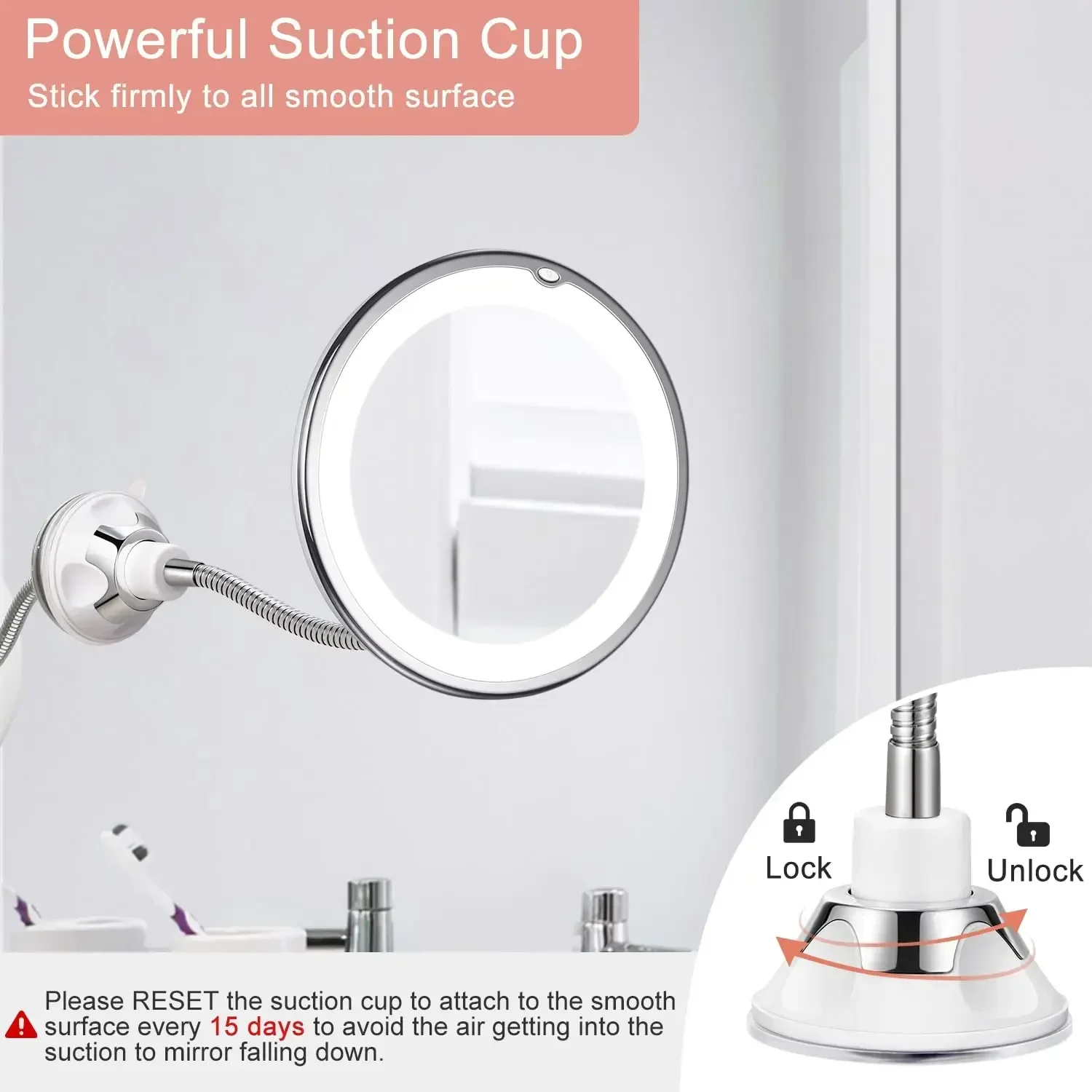 Flexible Makeup Mirror with LED Light 10X Magnifying Cosmetic Gooseneck with Suction Cup Diffused Light 360 Degree Swivel makeup mirror,magnifying mirror