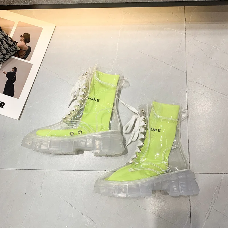 2021 Cool Fashion Women Transparent Platform Boots Waterproof Ankle Boots Feminine Clear Heel Short Boots Sexy Female Rain Shoes 
