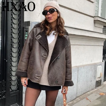 HXAO سترة جلدية فو معطف الشتاء الإناث زر طويلة الأكمام سترة بنية ديمي الموسم فو الصوف معاطف وسترة خلط 6