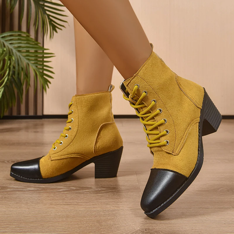 Colorblock Lace Up Chunky Heel Ankle Boots Women Pointed Toe Patchwork Short Boots Woman Plus Size Fashion High Heel Botas Mujer