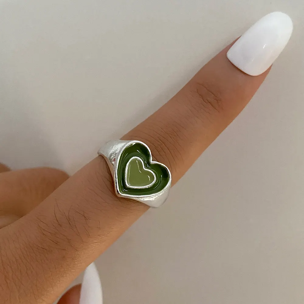 Finger Ring Sparkling Heart Ring Creative Cute Colorful Double Layer Love Heart Ring Vintage Drop Oil Metal Heart Rings For Women Girls Fashion Jewelry