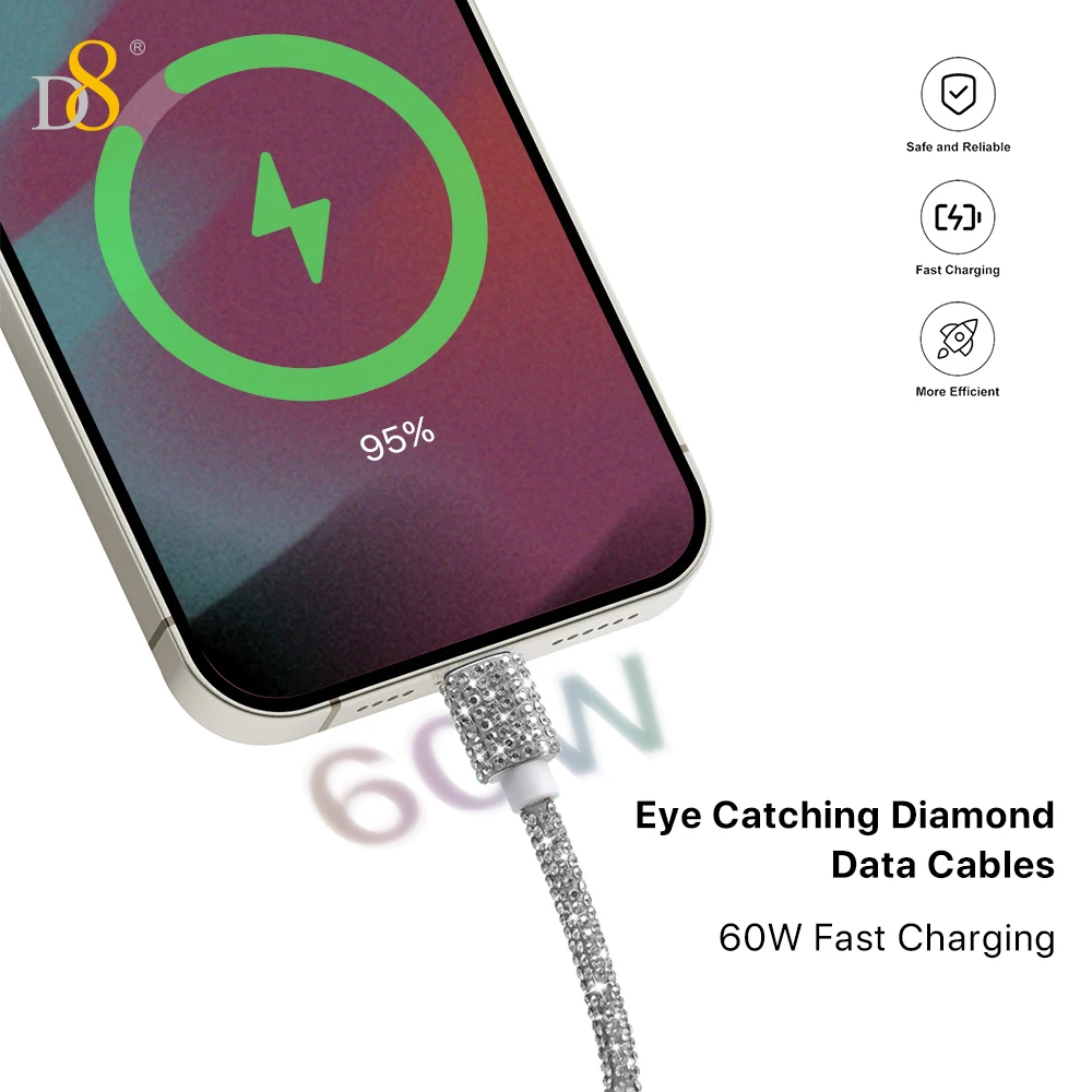 D8 60W USB C to USB C 케이블 고속 충전, 크리스탈 장식, 다이아몬드 샤인, 아이폰 15 프로 플러스 프로 맥스, 맥부용