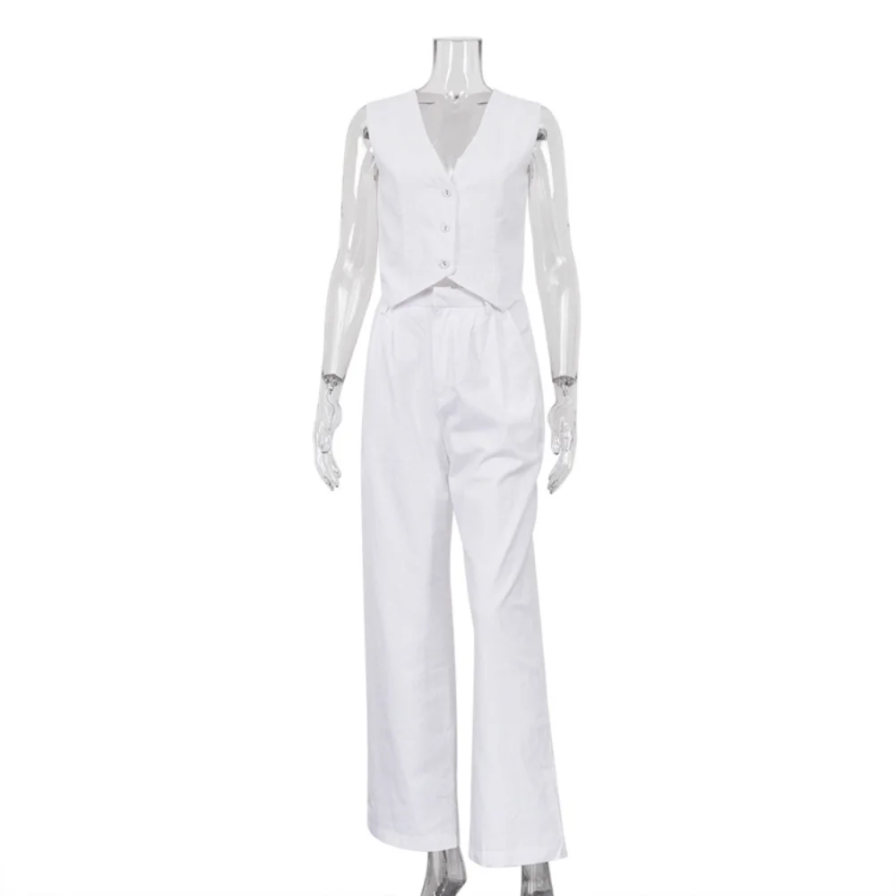 Casual Women 2 Piece-Set Straight Legg And Sleeveless Top Vestidos Sets Slim V-Neck Summer Pocket Fashion Trousers Sets