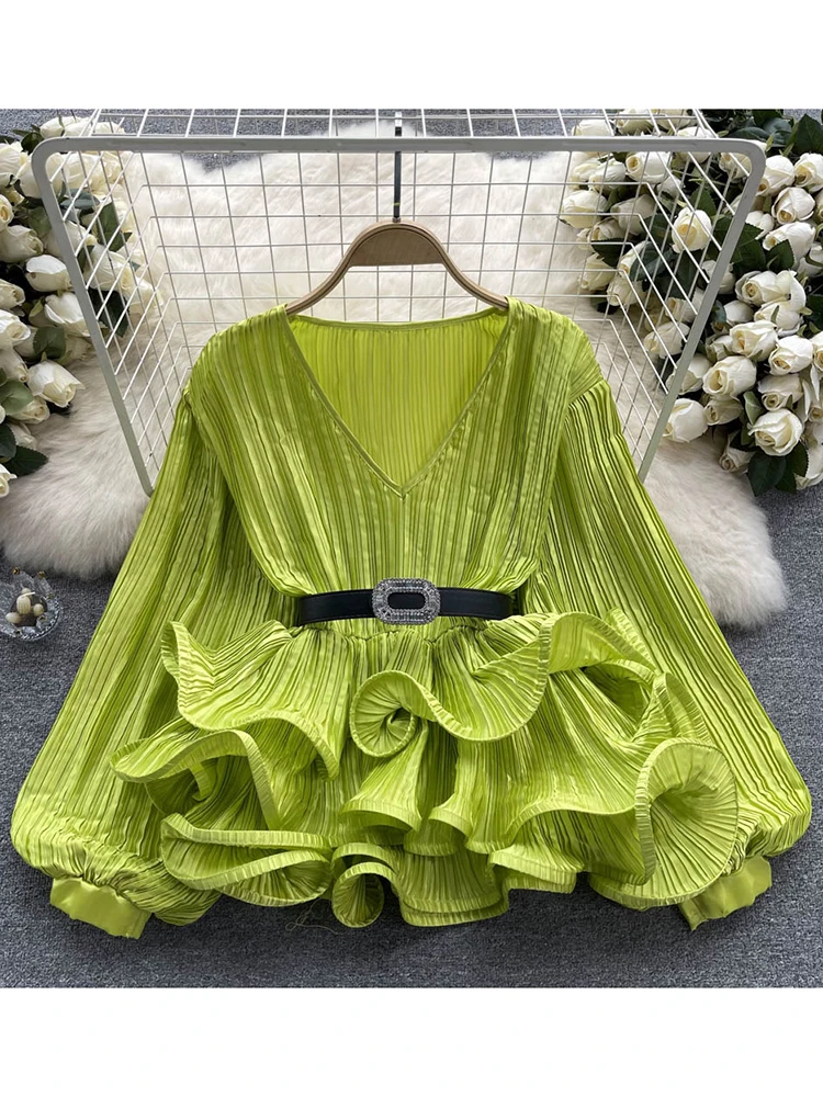 

Women Spring Blouse Pleated Long Sleeved Temperament Loose Top with Ruffle Edge Lantern Sleeves Niche Design V-neck Shirt D3669