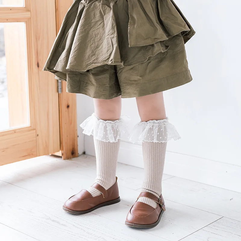 Lace Ruffle Princess Calf Socks 1-8year Kids Knit Stockings Autumn Leg Warmer Solid Color Kids Knee Socks Cotton Long Stockings 1