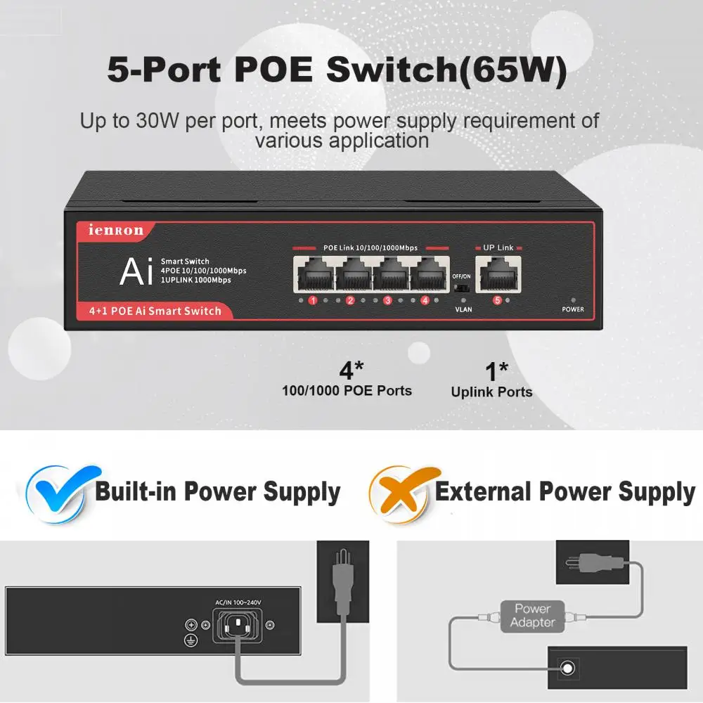 Ienron POE 이더넷 스위치 네트워크 스플리터, 풀 기가비트 스위치, Vlan 52V 65W, IP 카메라 무선 AP용, 5 포트