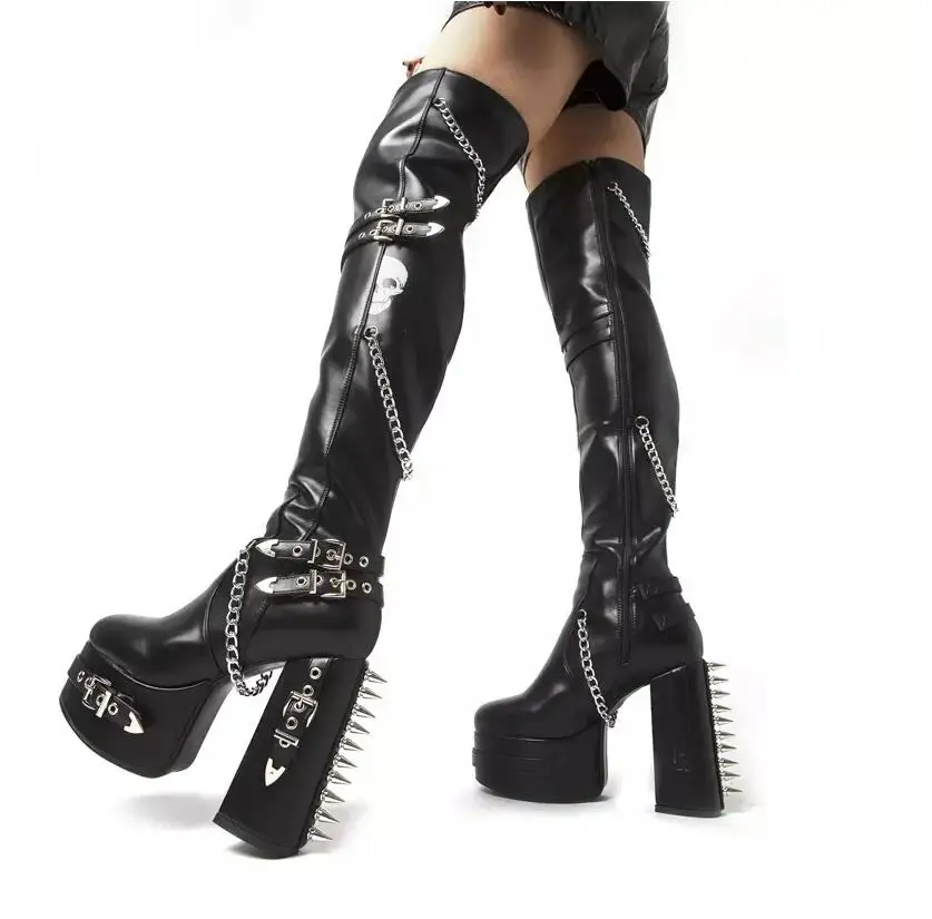 Women High Heel Boots Studded Platform Knee High Round Toe Leather Chuck Heel