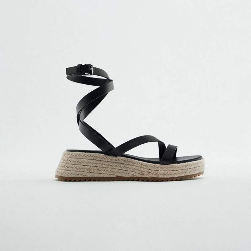 

2023 Summer Sandals Women Thick-soled Straw Fisherman's Shoes Fairy Style Ankle Strap Buckle Wedge Heel Roman Sandalias Mujer