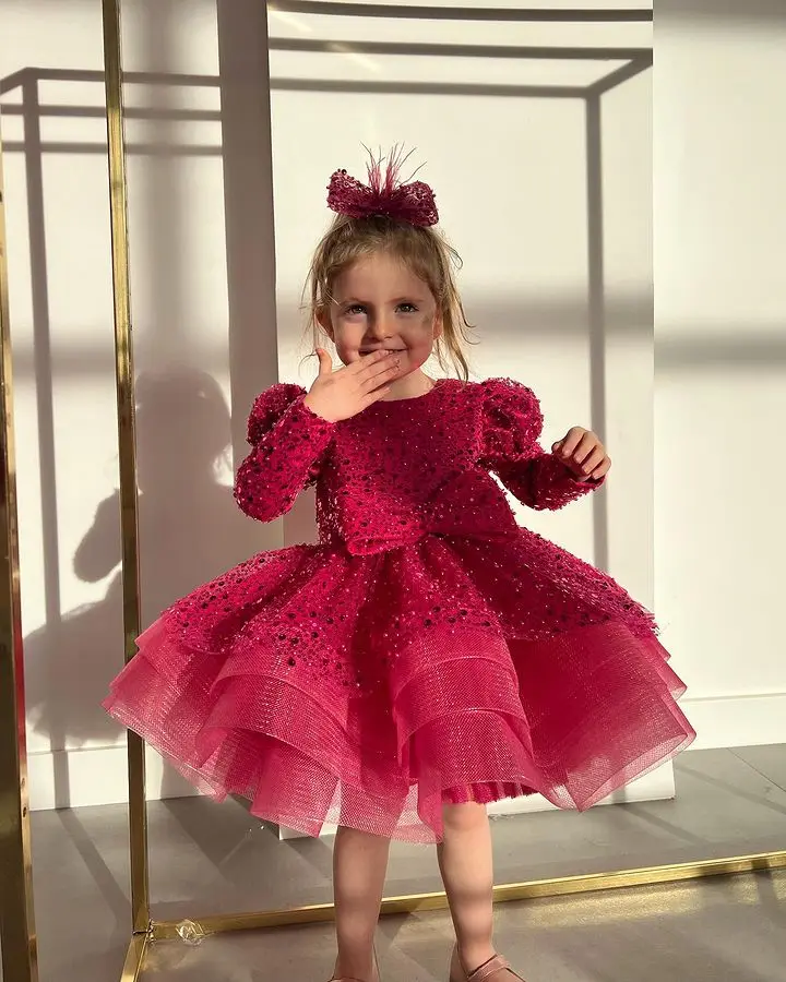 

Glitter Red Flower Girl Dresses Girl Dresses Puffy Little Girl Dress Sparkly Princess Dress Baby First Communion Bow Christmas