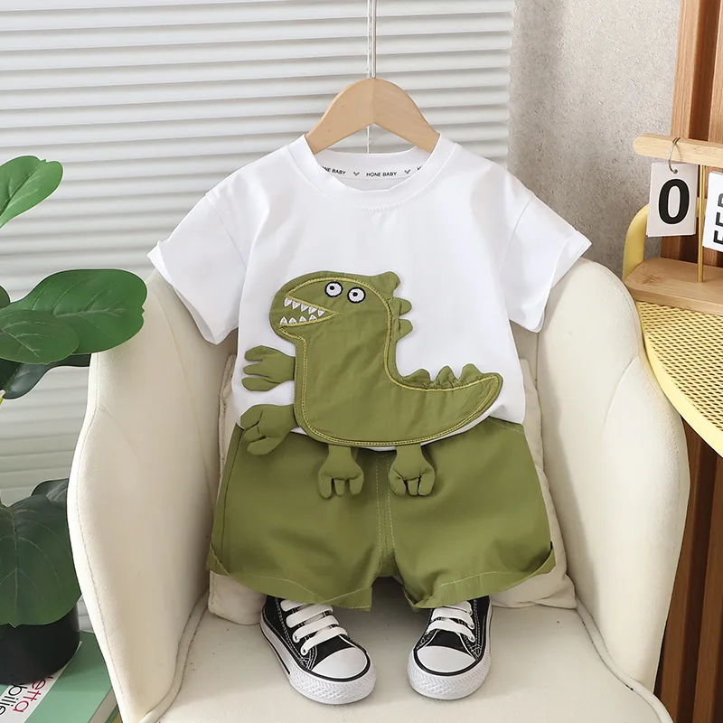 

Kids Summer Boys Outfits 2024 New Handsome Patch Dinosaur O-Neck Short Sleeve T-shirt Tops and Shorts Baby Boy Boutique Clothing