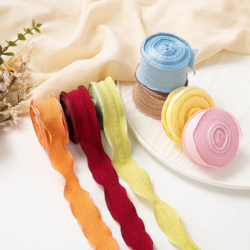 Elegant Wrinkled Lace Edge Silk Ribbon - 10 Yards for DIY Crafts and Decorative Projects