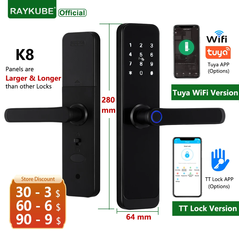 2023 New Raykube K8 Tuya Wifi Smart Door Lock Tt Lock Fingerprint Lock Digital Electric Lock