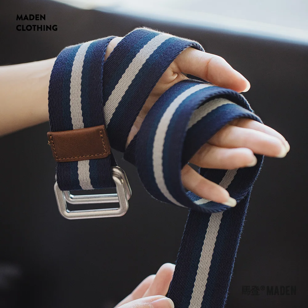 Maden Damen No-Hole blau und weiß Color blocking Gürtel Doppel ring Schnalle Gürtel Retro gestreiften gewebten Leinwand elastischen Gürtel