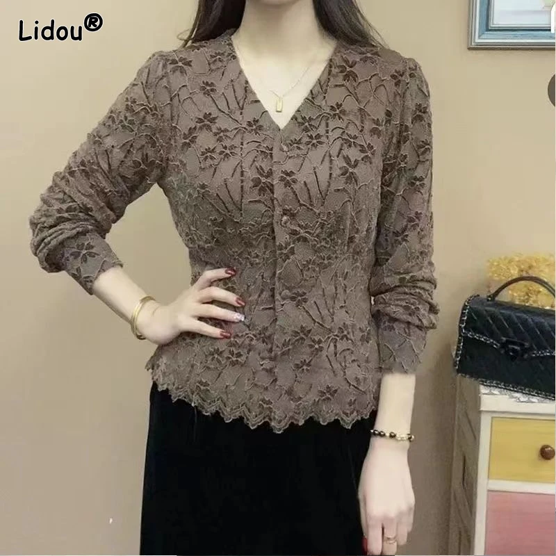 Women's Clothing 2023 Fashion Casual Skinny Solid Color Spring Autumn Thin V-neck Blouses Button Printing Long Sleeve Elegant