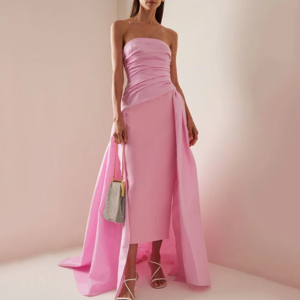 

Pink Satin Party Dress For Women Sleeveless Strapless Evening Gowns Floor Length Detachable Train Prom Dresses فساتين سهرة