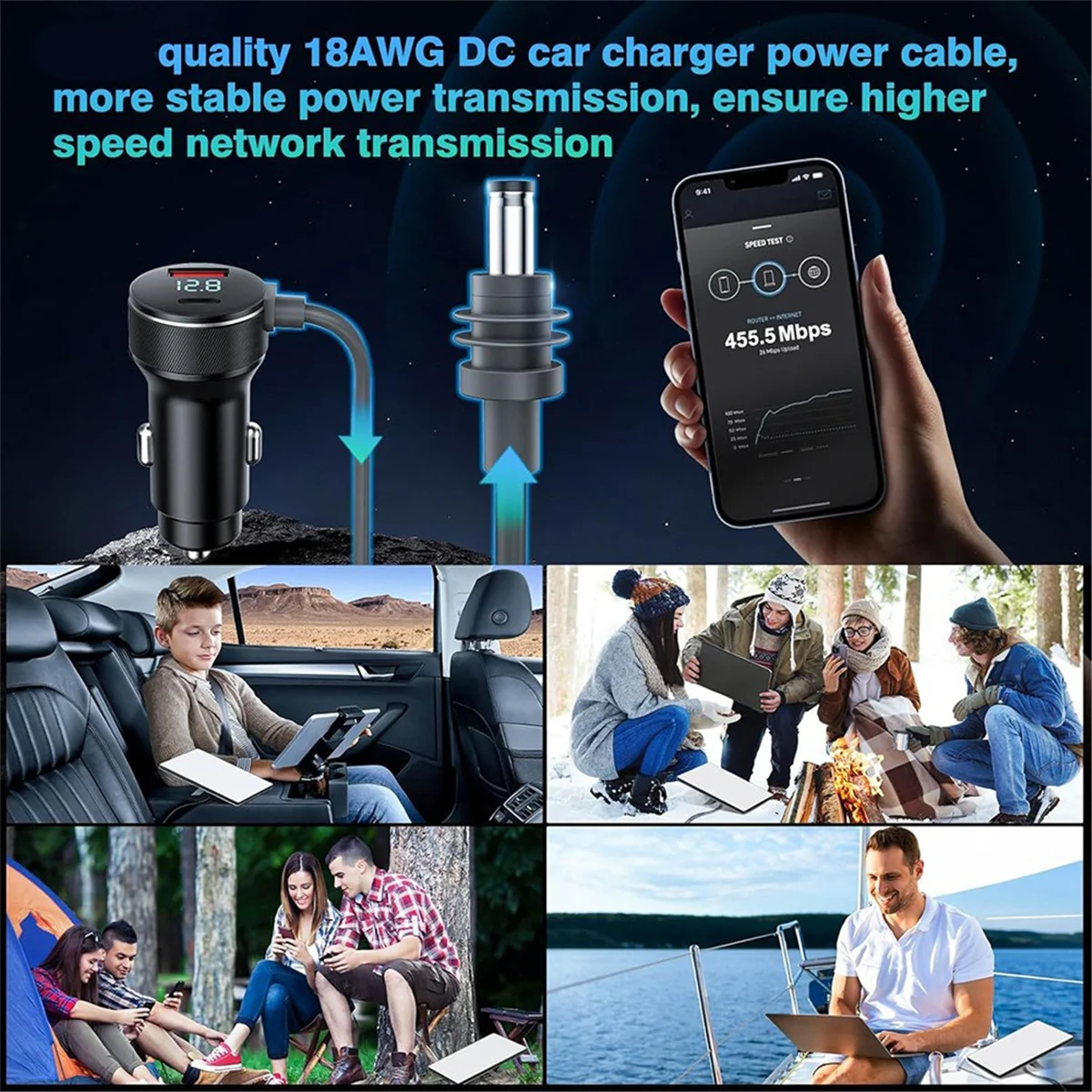 Y02A3-in-1 for Starlink Mini DC Power Cable 65W Fast Charger Type-C USB Socket Cigarette Lighter with LED Voltmeter Display