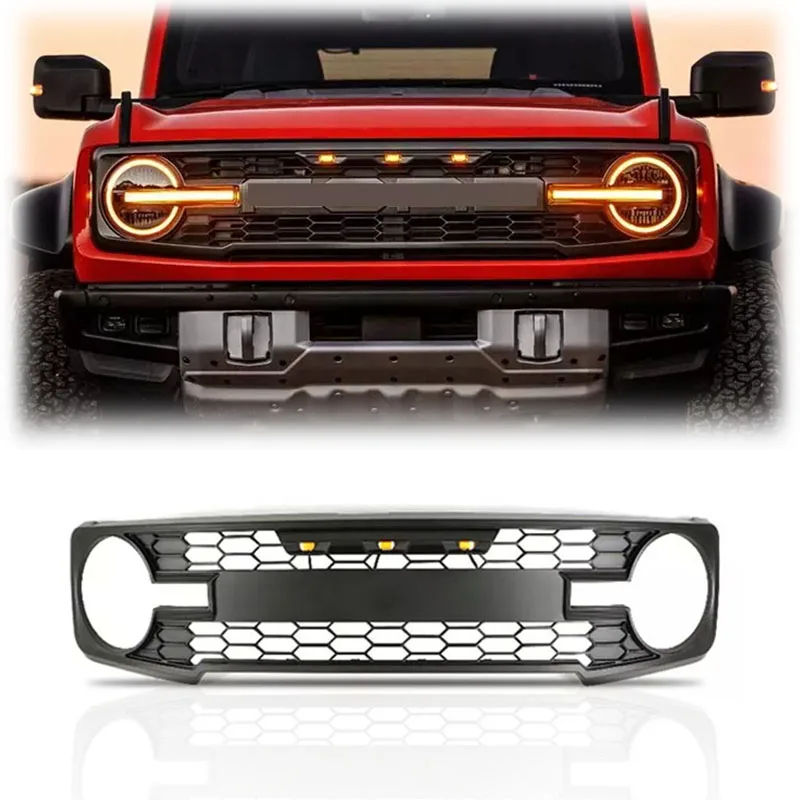 

Matte Black ABS Car Mesh Front Grille With LED Yellow Lights For FORD Bronco 2021+ Car Grille