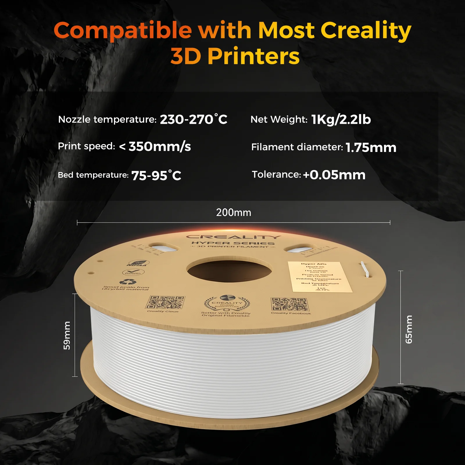 Creality Hyper ABS 3D 프린터 필라멘트 1.75mm 1kg(2.2lbs) 5배 더 빠르고 효율적인 고온 저항성 필라멘트