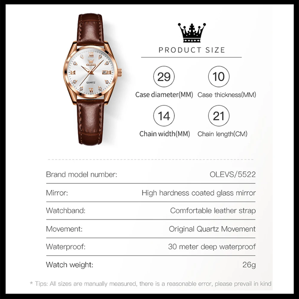 OLEVS Original Quartz Watch for Women Luxury Diamond Date Dial Luminous Wristwatch Waterproof Leather Strap Women's Watch Reloj