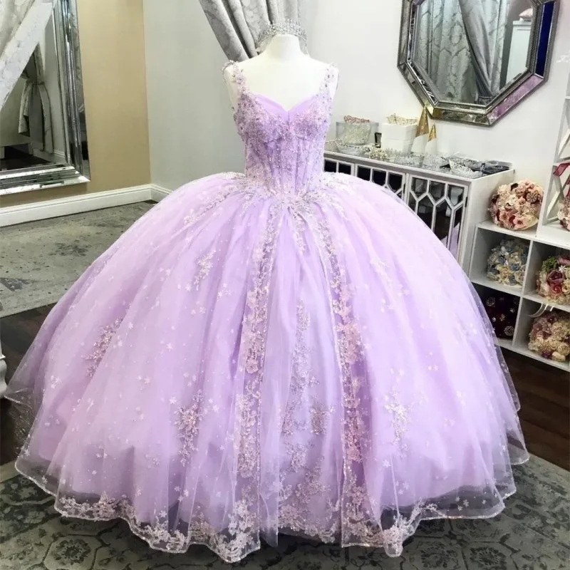 

Luxury Lavender Lace Off Shoulder Quinceanera Dresses Ball Gown Appliques Lace Beading Sweet 16 Dress Party Dresses Lace-Up