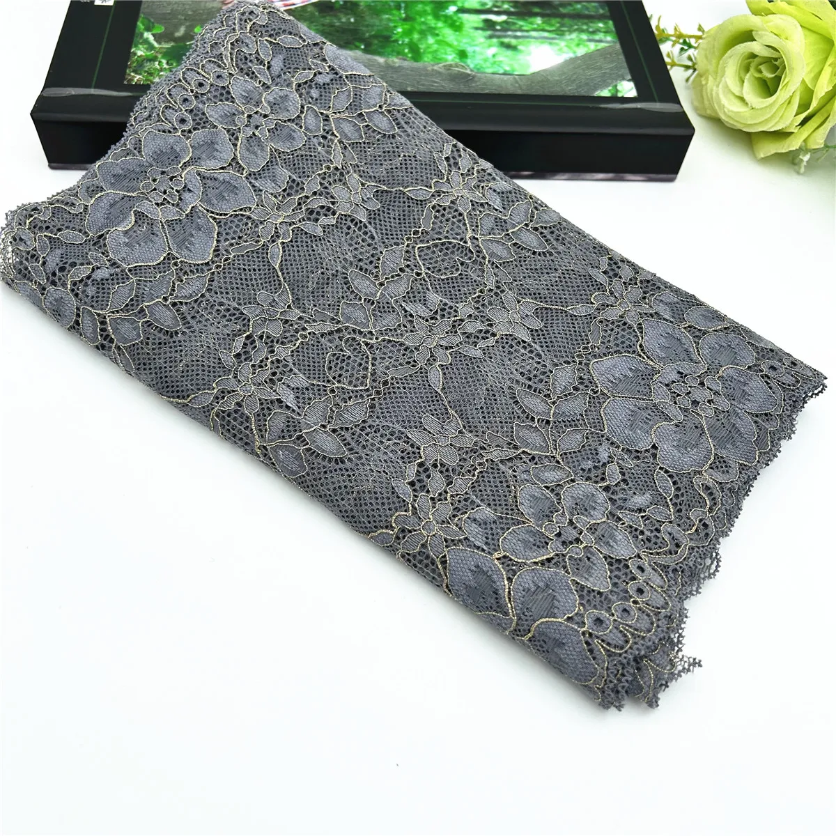 3y/lot Width 24cm Dark Grey Blue With Gold Elastic Stretch Lace Trim Lingerie Sewing Craft DIY Apparel Fabric Lace Garment Acce 1