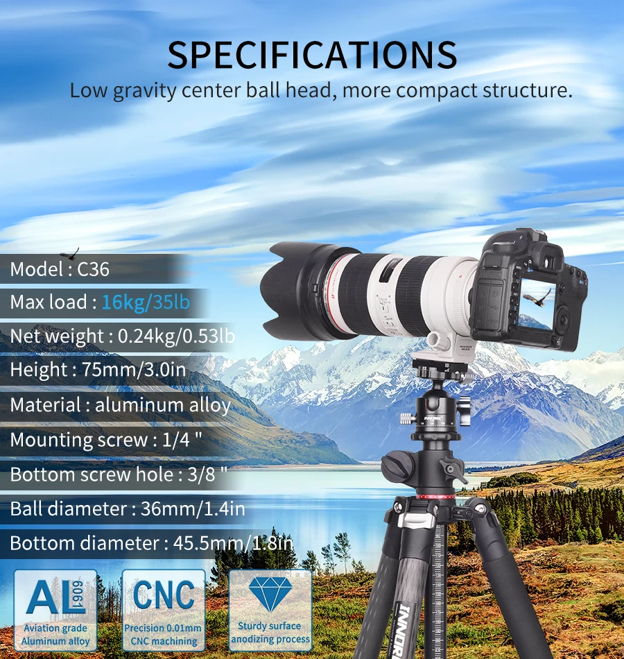 INNOREL C36 Low-Profile-Stativ-Kugelkopf, universeller 360-Panorama-Metallkugelkopf mit Arca Swiss-Platte, 36 mm Durchmesser, 1/4 Zoll bis 3/8 Zoll Schraube – Detail 2